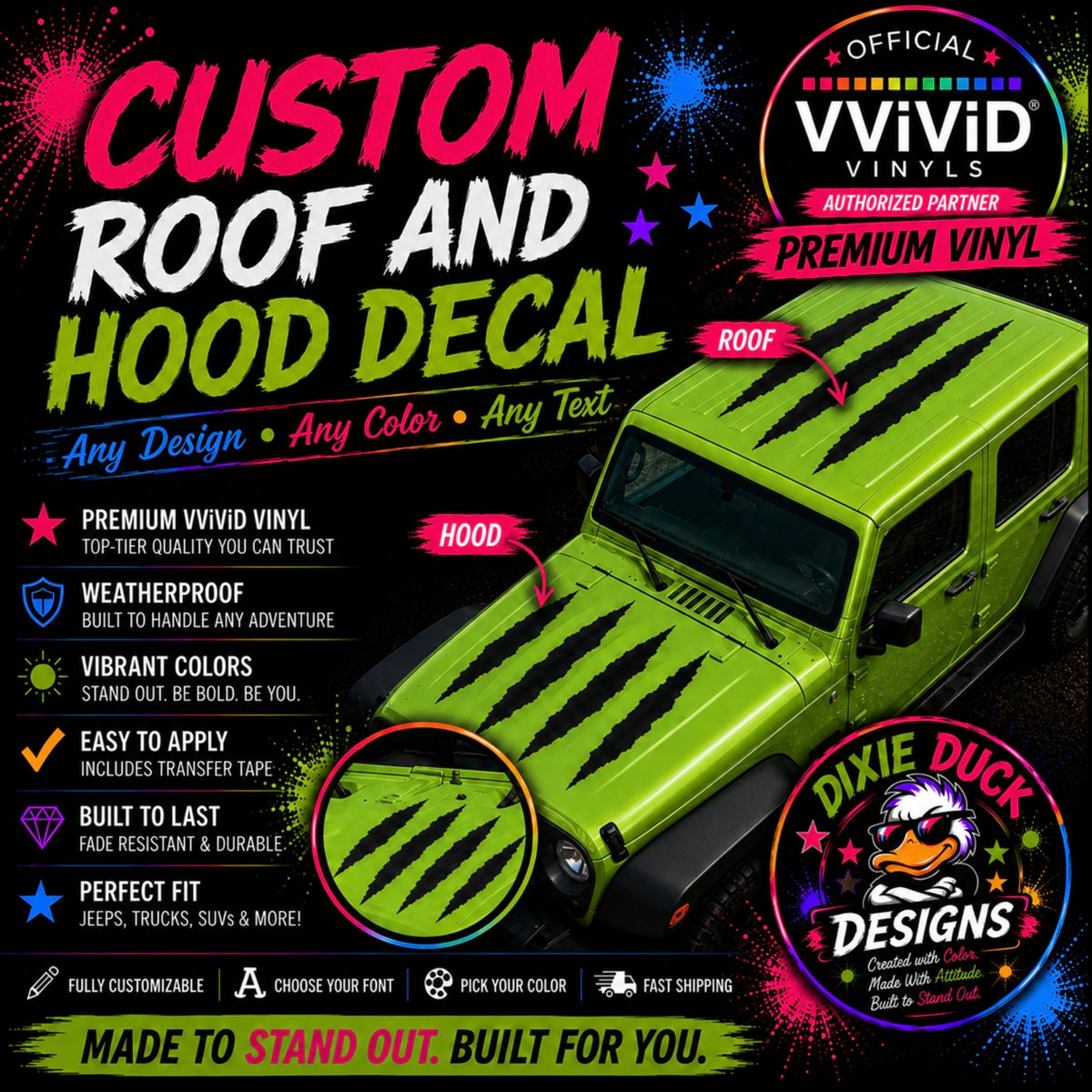 Premium VViViD® Vinyl Custom Hood or Roof Decals